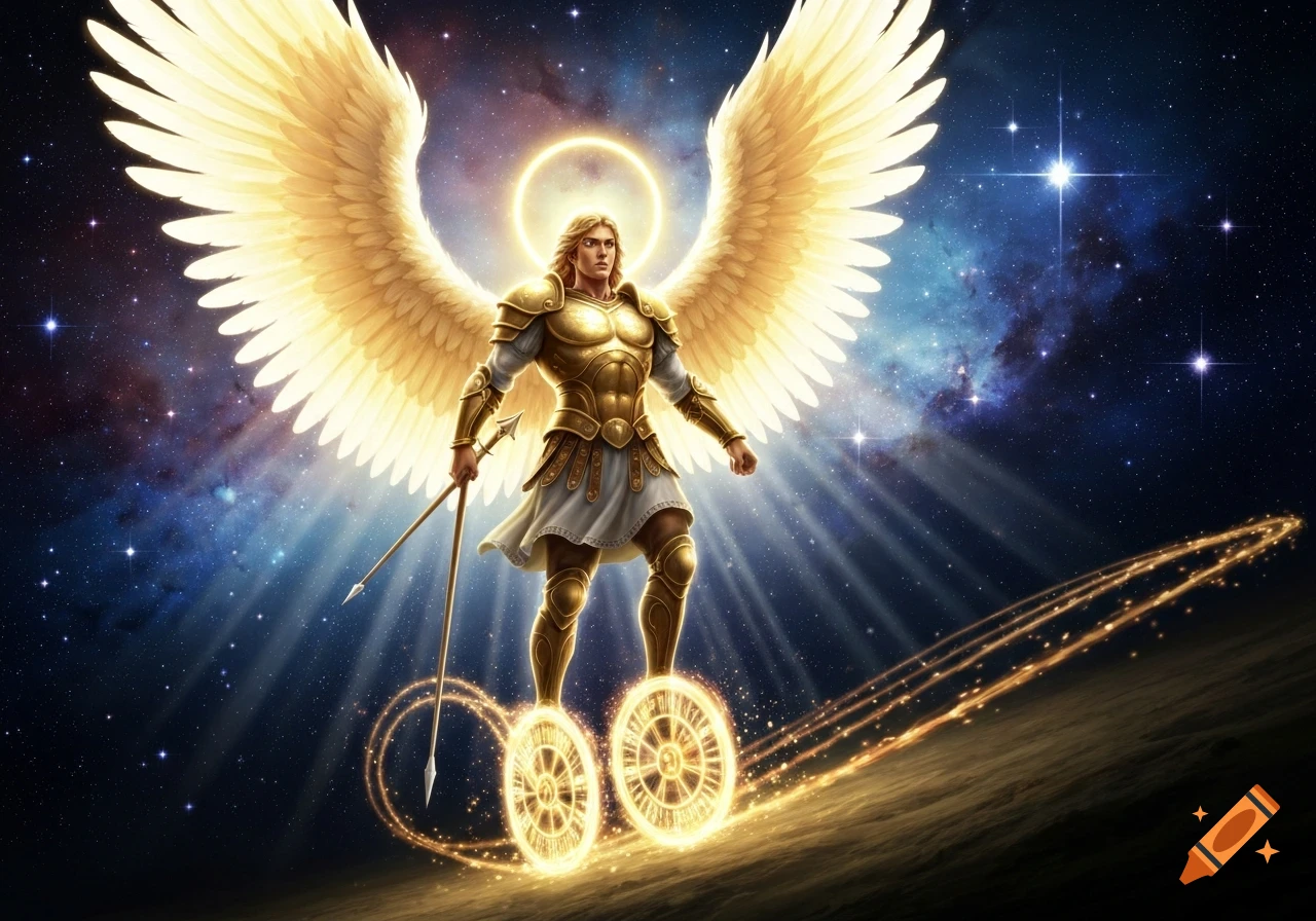 Archangel Michael with golden wings, armor, glowing halo, and radiant wheel feet, holding spears in a starry cosmic setting.