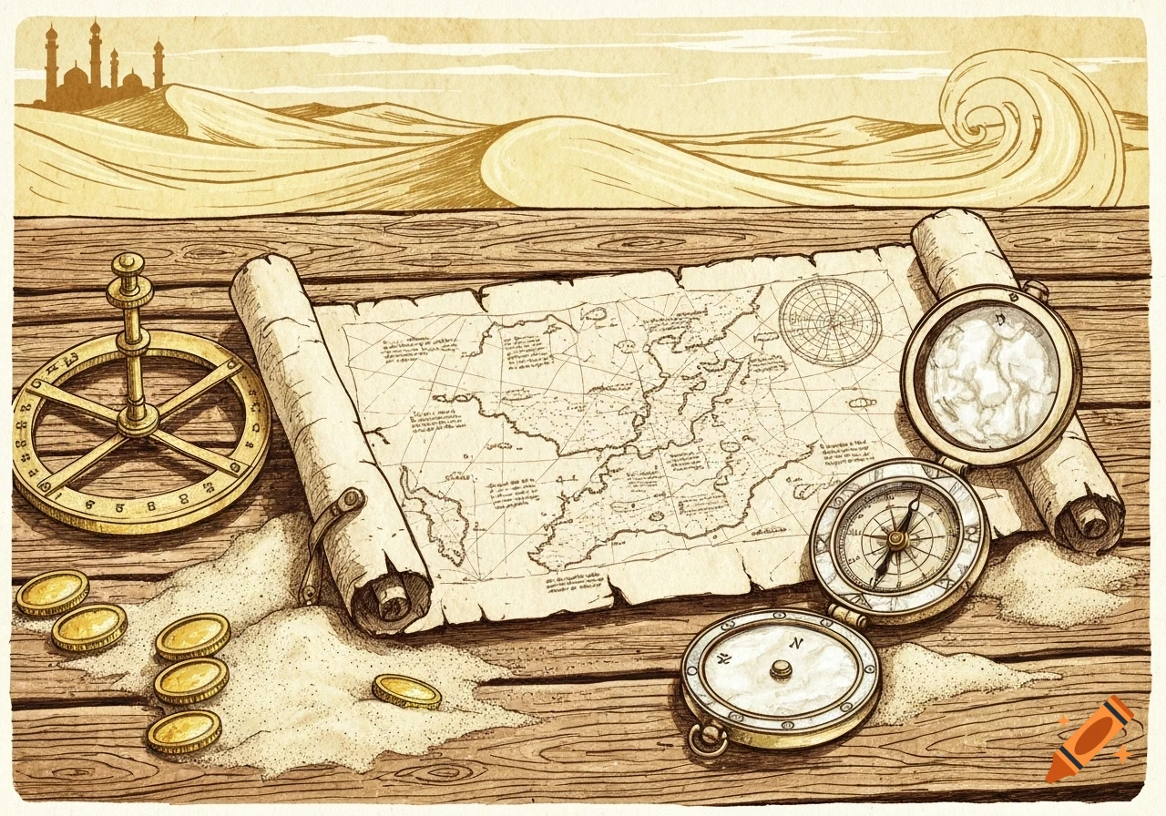 Hand-drawn illustration of an ancient map, compasses, astrolabe, and gold coins on a wooden table, with desert dunes and a distant city.