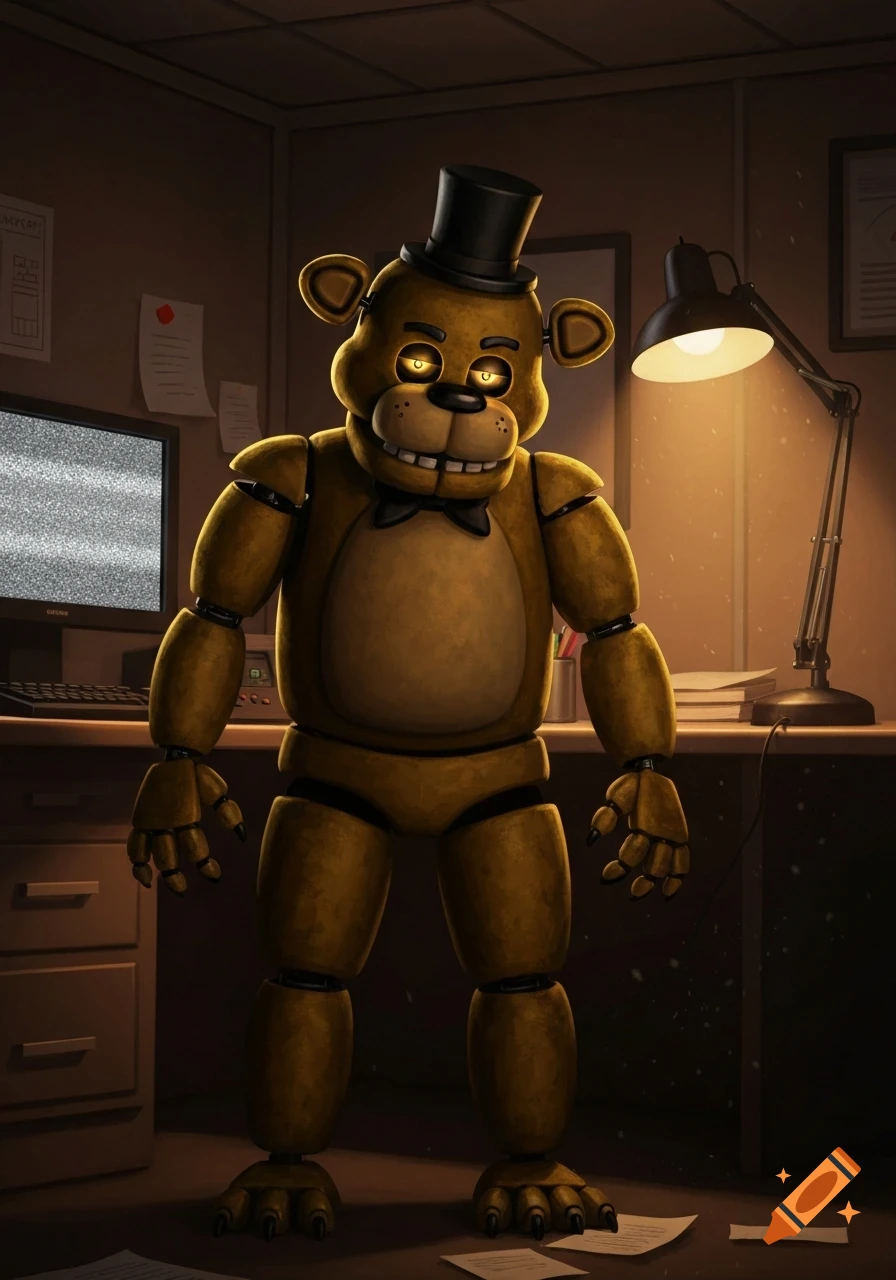 Golden Freddy from Five Nights at Freddy's stands in a dimly lit office with a static computer screen.