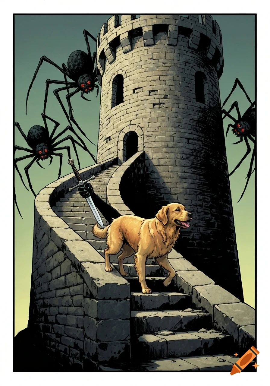 Golden retriever dog on medieval tower stairs with a shadowy sword-hand and giant spiders, in dark comic book art style.