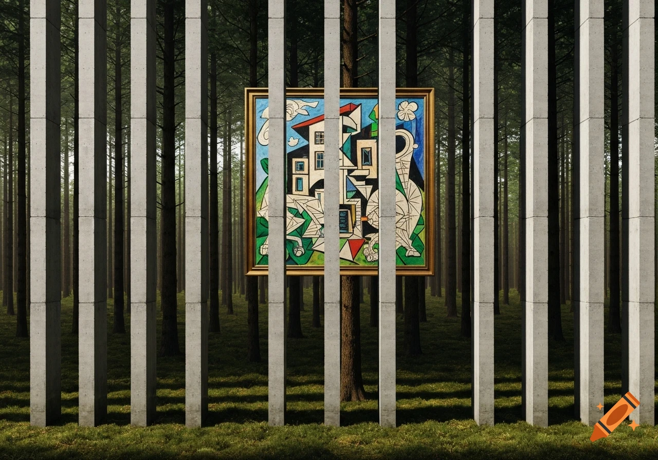 A surreal forest scene with tall concrete pillars interspersing green trees, behind which hangs a cubist painting of a modern villa.