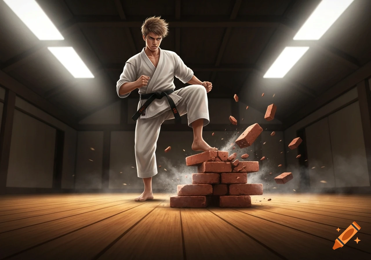A male karate black belt stomps on and breaks a stack of bricks in a dojo, with bricks flying around him. Dynamic illustration.