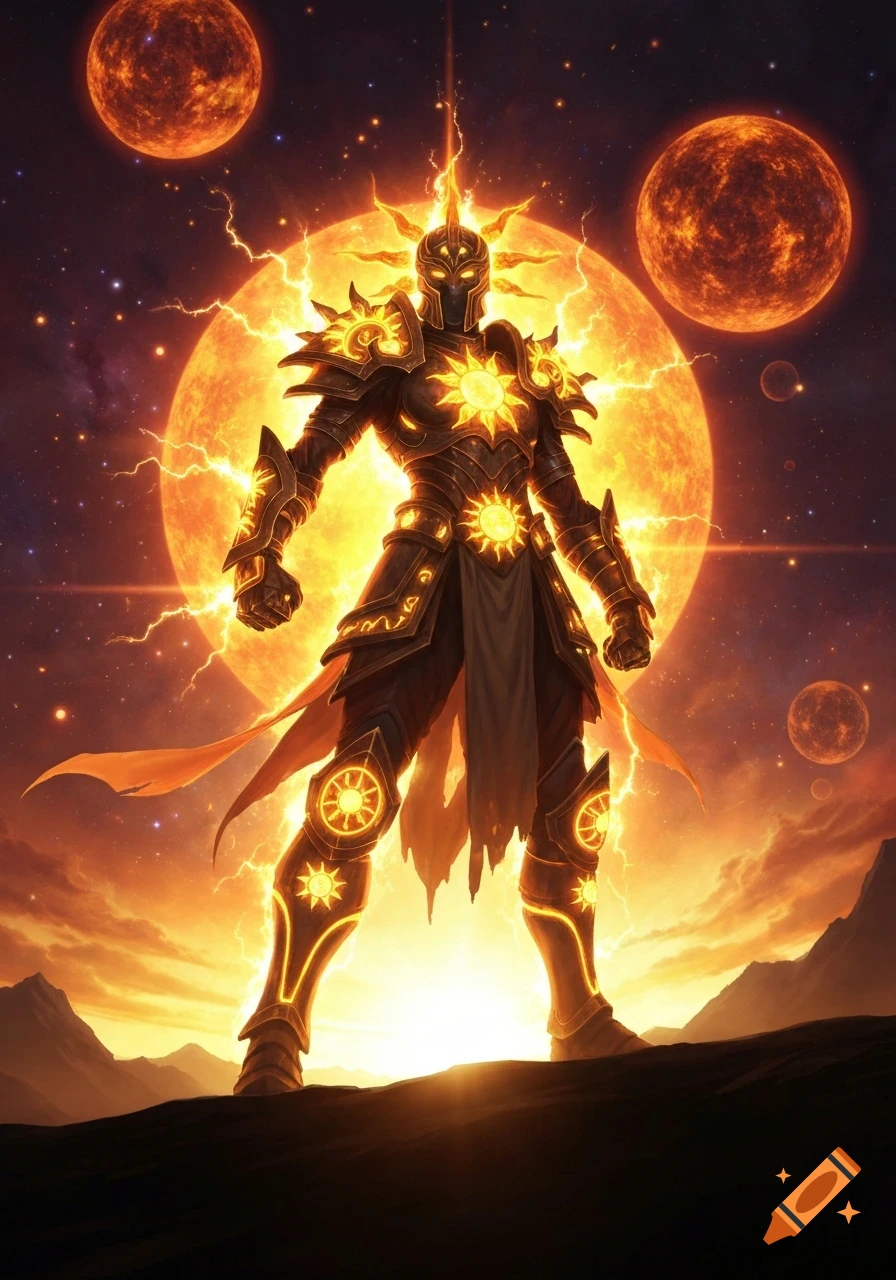 A powerful armored warrior with sun motifs stands before a giant glowing sun and planets in a cosmic fantasy setting.