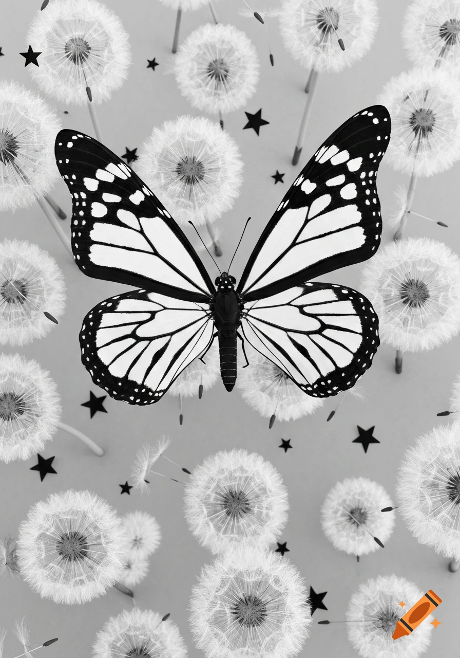 A black and white butterfly with outstretched wings, viewed from above, surrounded by dandelion seeds and small black stars on a light grey background.