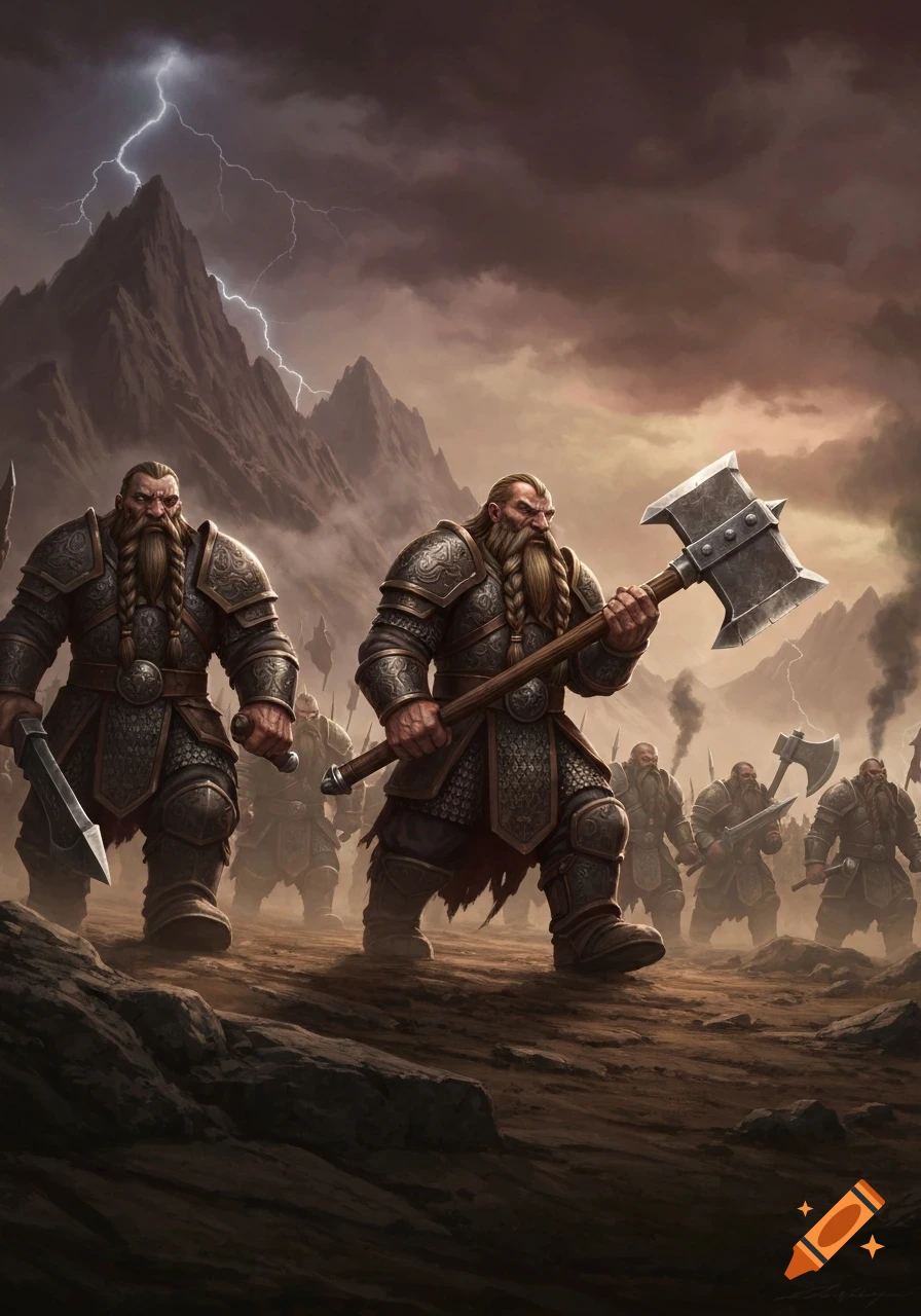 An army of dwarf warriors with axes and hammers marches across a desolate landscape under a stormy sky with lightning.