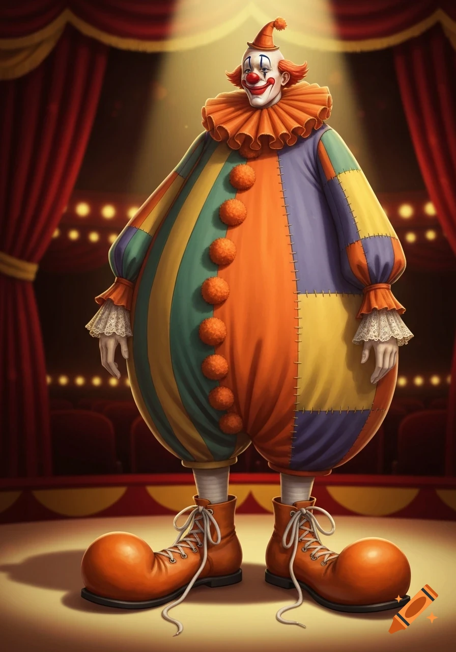 A colorful clown in a baggy, patchwork suit with orange pom-poms, ruffs, and oversized orange shoes stands on a circus stage.