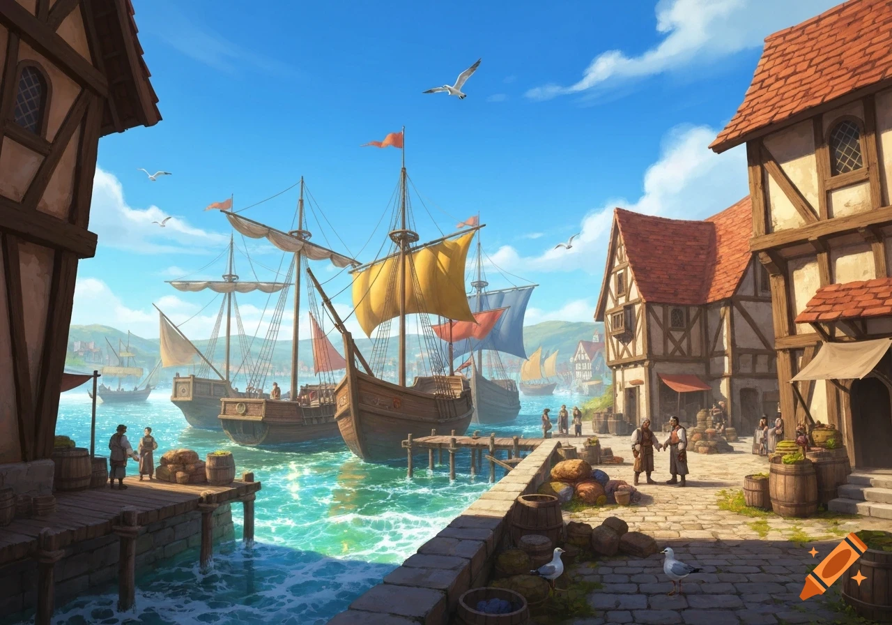 A vibrant medieval fantasy port scene with large sailing ships, bustling piers, and timber-framed buildings under a sunny blue sky.
