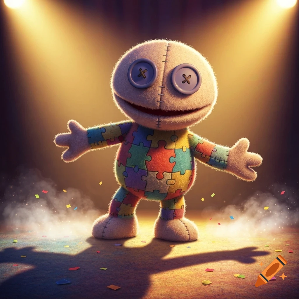 A whimsical puppet made of colorful puzzle pieces stands on a stage with confetti, bathed in bright spotlights.