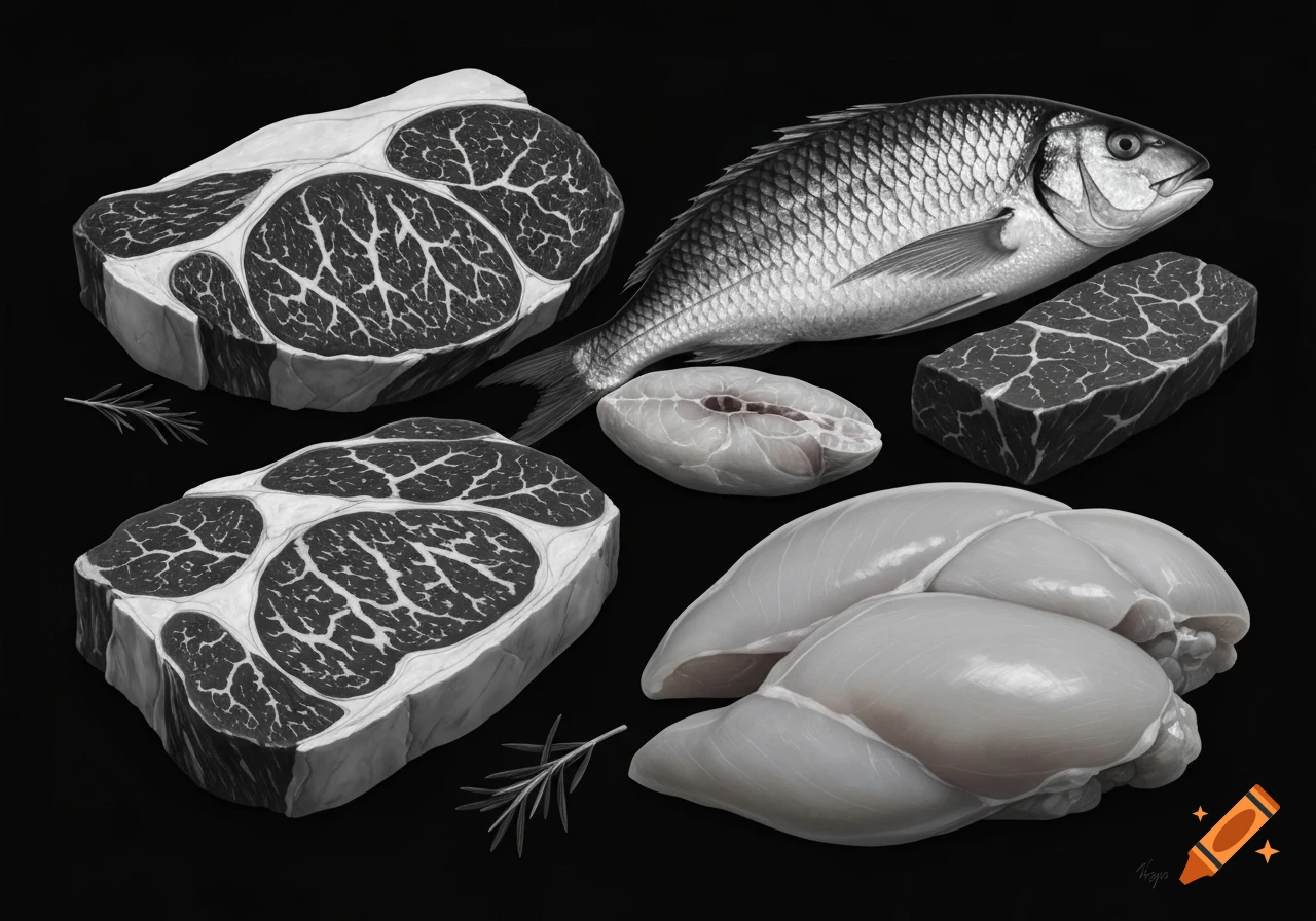 A monochrome still life of raw meat steaks, a whole fish, and raw chicken breasts arranged on a black background.