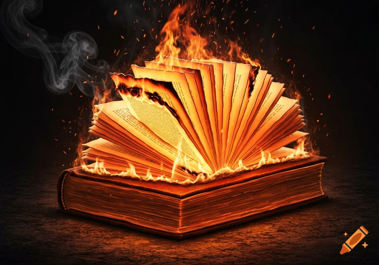 An old, open book engulfed in bright orange flames and smoke against a dark background, with pages burning and curling.