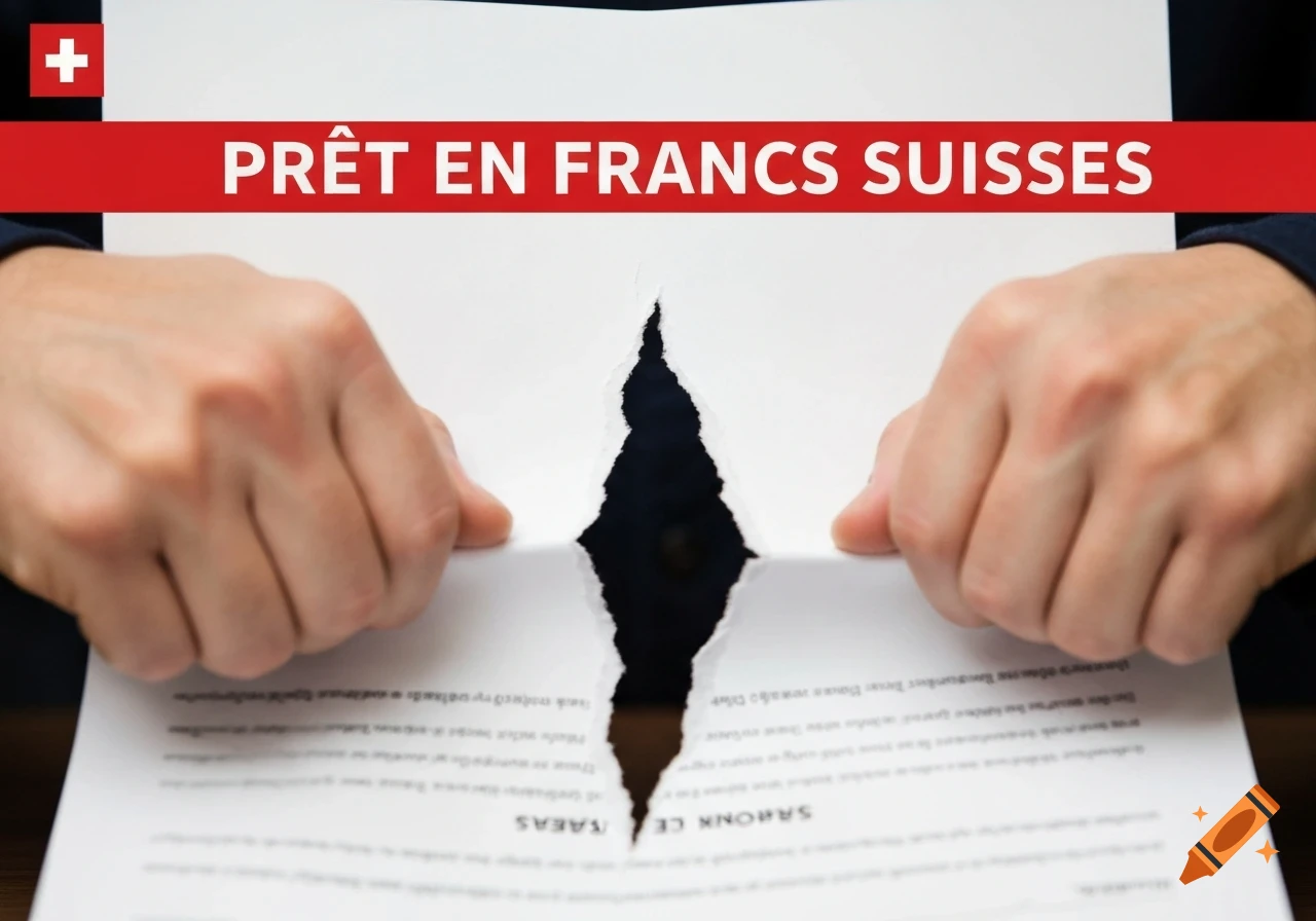 Close-up of hands tearing a white paper contract with the title "PRÊT EN FRANCS SUISSES" on a red banner and a Swiss flag logo.