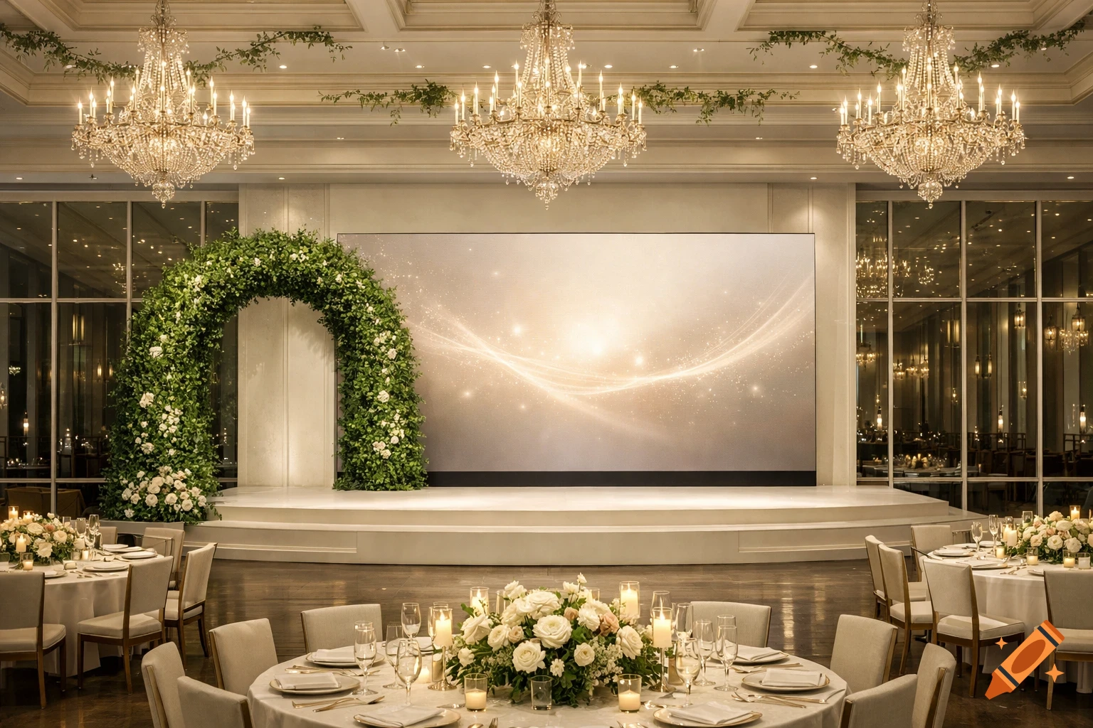 Elegant wedding reception hall with crystal chandeliers, a greenery arch, a large screen, and tables with floral centerpieces.