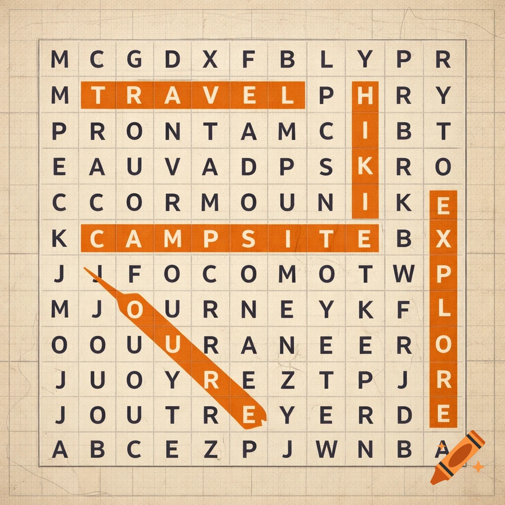 A beige word search puzzle with a grid of black uppercase letters on a squared paper background. Several words like 'TRAVEL', 'CAMPSITE', 'JOURNEY', and 'EXPLORE' are highlighted in orange.