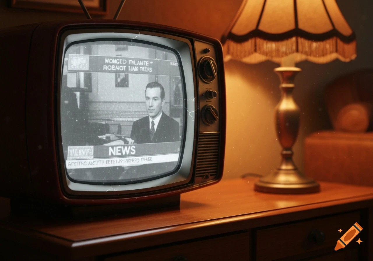 A vintage television displaying a black and white news broadcast with an anchor, next to an illuminated table lamp on a wooden dresser.