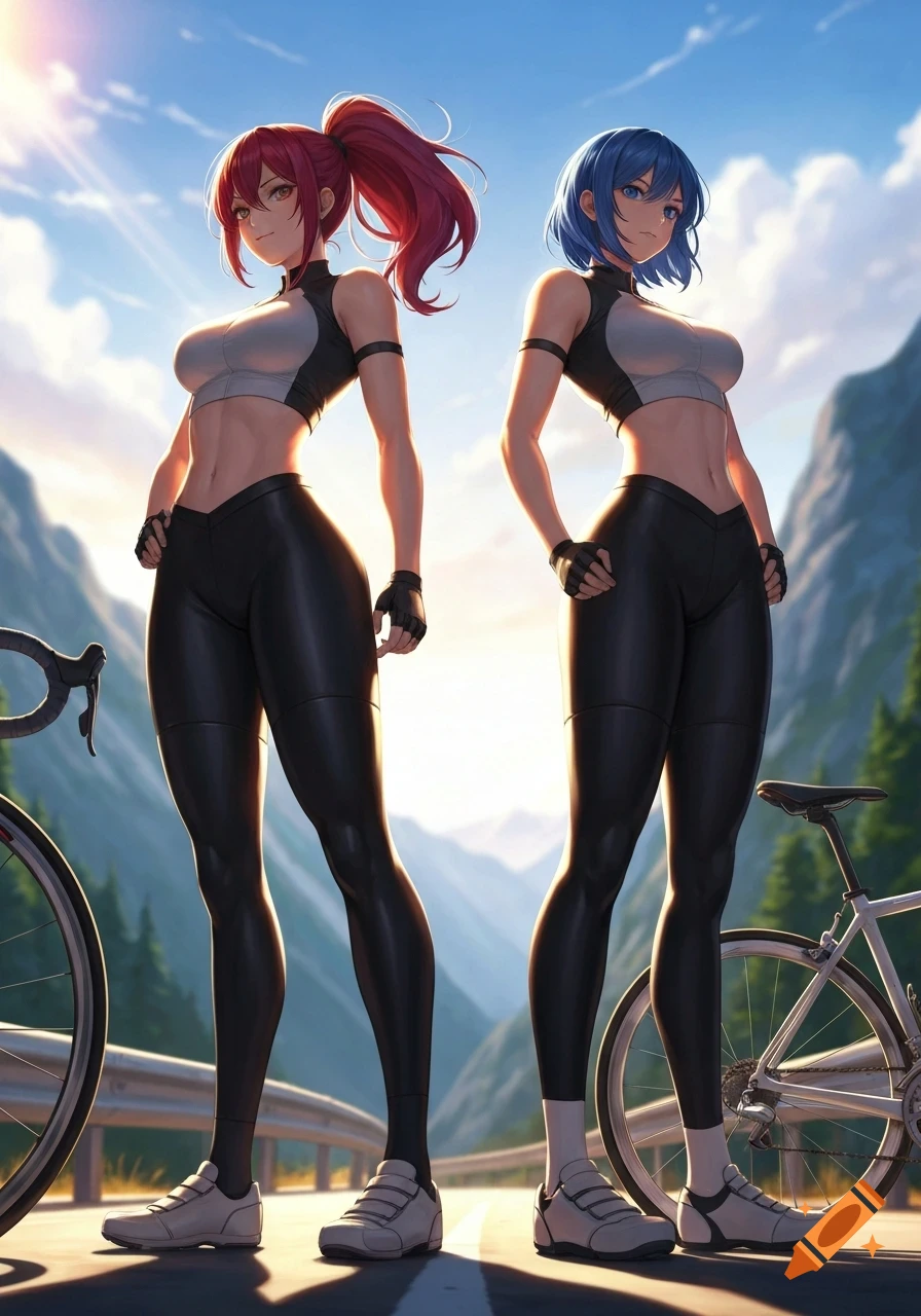 Two anime females in tight cycling gear standing with bikes on a sunny mountain road.