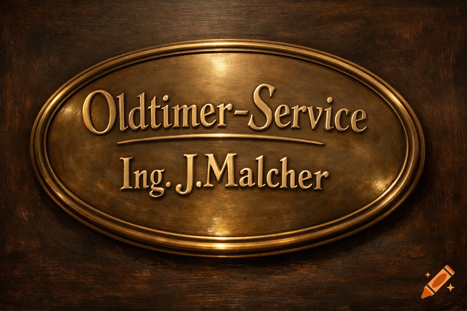 A photorealistic close-up of an oval bronze plaque with raised gold lettering reading 'Oldtimer-Service Ing. J.Malcher' on a dark wood background.