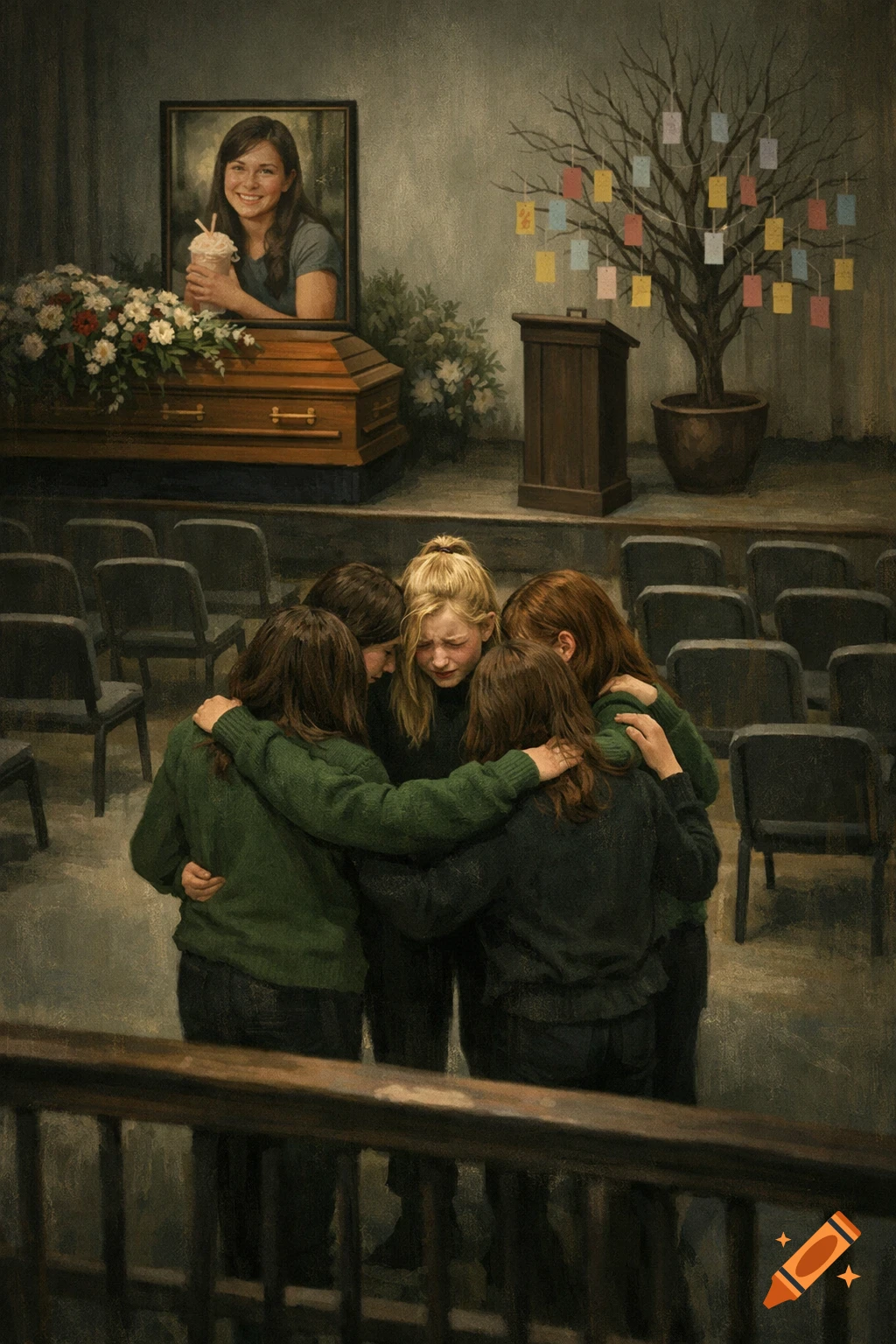 A funeral scene with five grieving girls embracing, a coffin, flowers, a smiling portrait, and a tree with notes, in a painterly style.