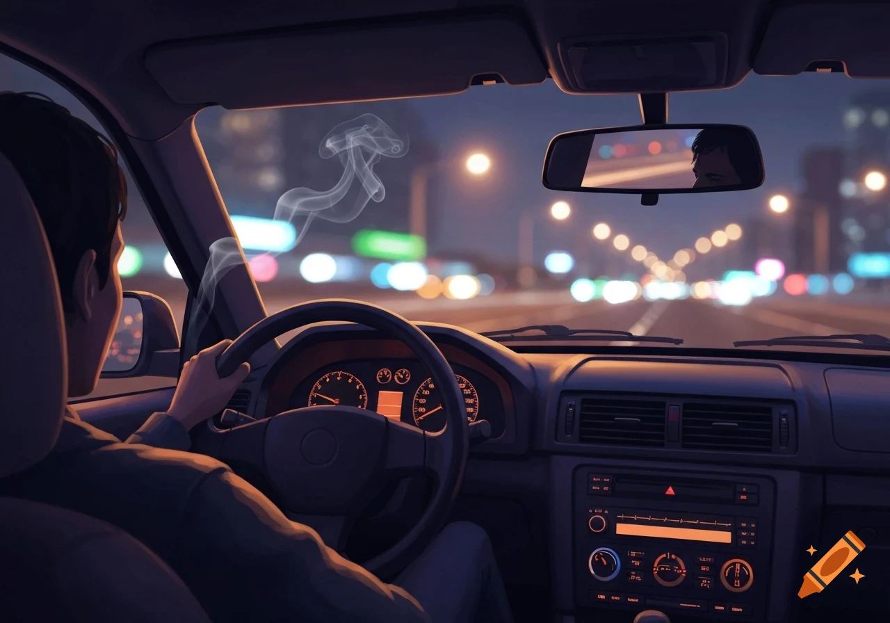 Stylized illustration of a person driving a car at night, city lights blurring, with smoke rising inside the cabin.