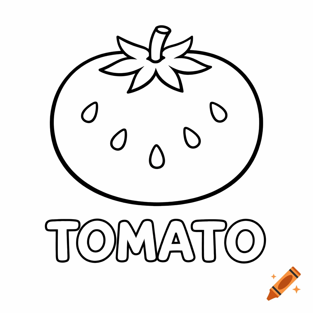 Black and white line art coloring page of a tomato with the word TOMATO below it.