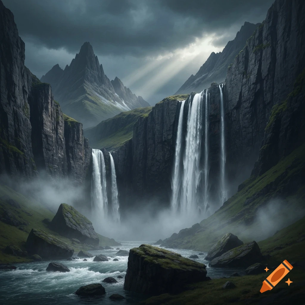 Photorealistic landscape of dramatic waterfalls plunging down dark cliffs into a misty river, with sun rays piercing a stormy sky.