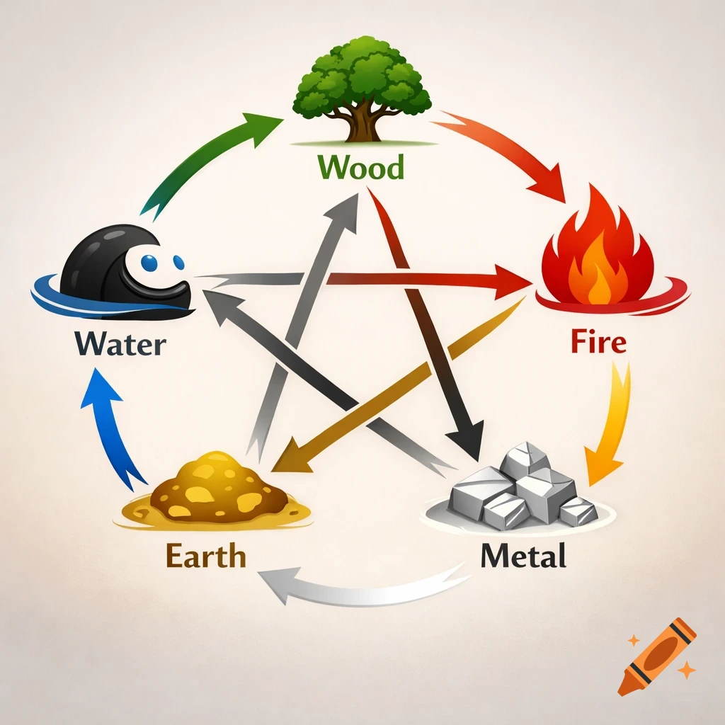 An illustrative diagram of the Chinese Five Elements cycle, showing Wood, Fire, Earth, Metal, and Water with connecting arrows.