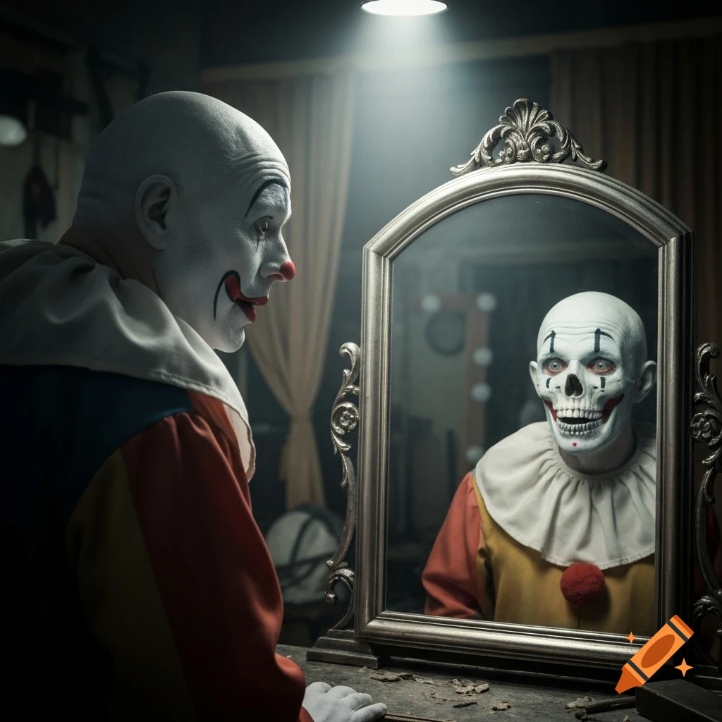 Photorealistic image of a white clown in a dressing room looking in a mirror, seeing a skull reflection.