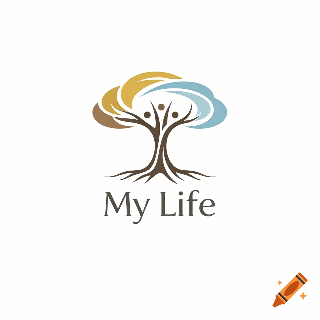 A stylized logo of a tree with human figures in its trunk, abstract gold, brown, and blue leaves, and 'My Life' text below.
