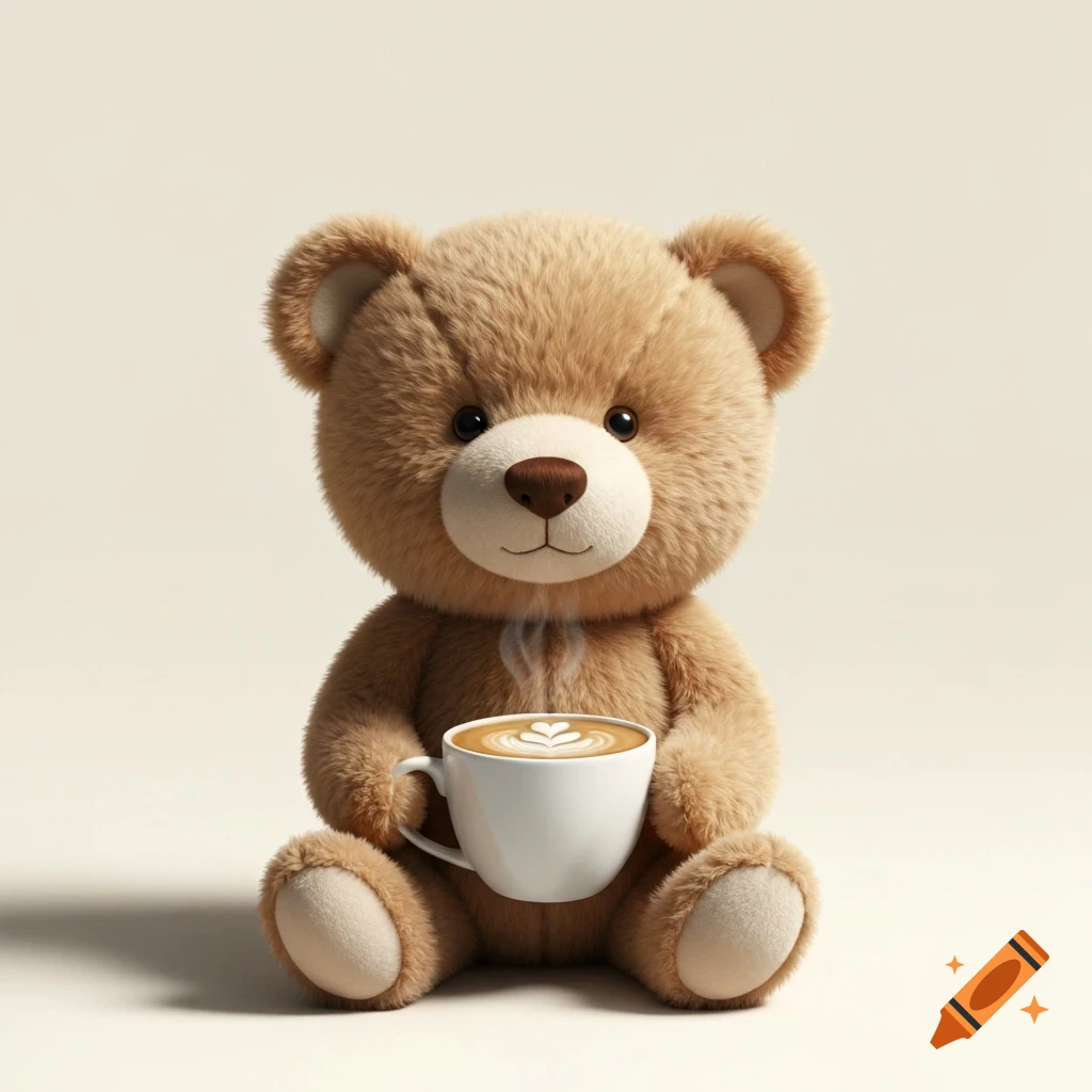 A fluffy brown teddy bear sits holding a white mug of latte with heart art, against a light background.