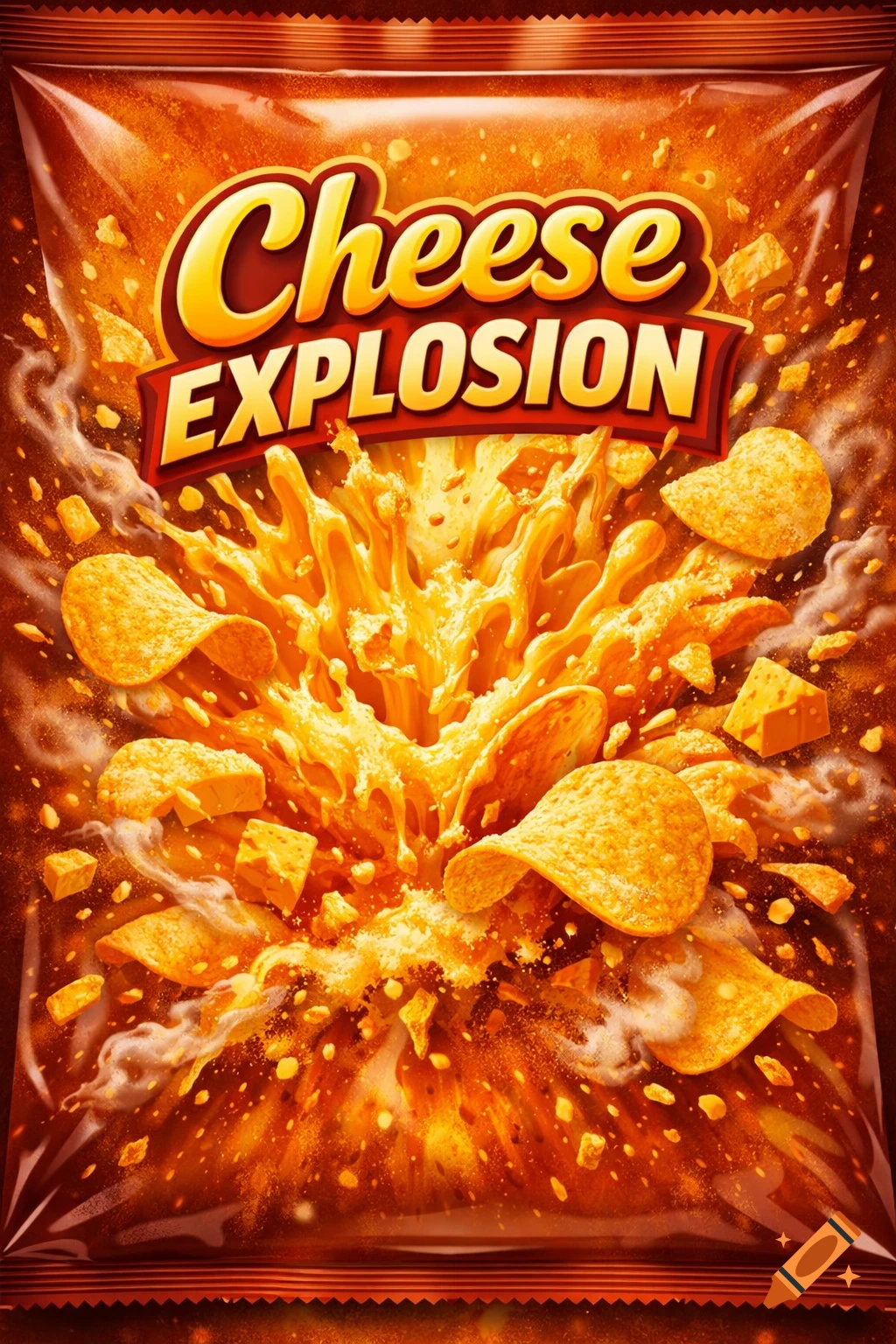 Vibrant orange chip bag with 'Cheese EXPLOSION' text, showing a burst of cheese sauce, potato chips, and cheese chunks.