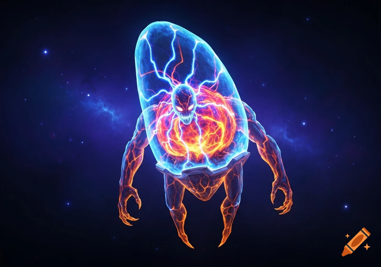 A menacing, plasma-themed monster with glowing red eyes, sharp teeth, and clawed limbs, encased in a translucent blue shell, against a cosmic background.