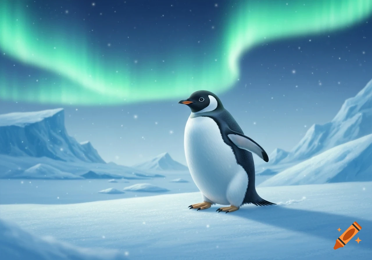An illustration of a penguin standing on a snowy landscape with icy mountains and a green aurora borealis in the night sky.
