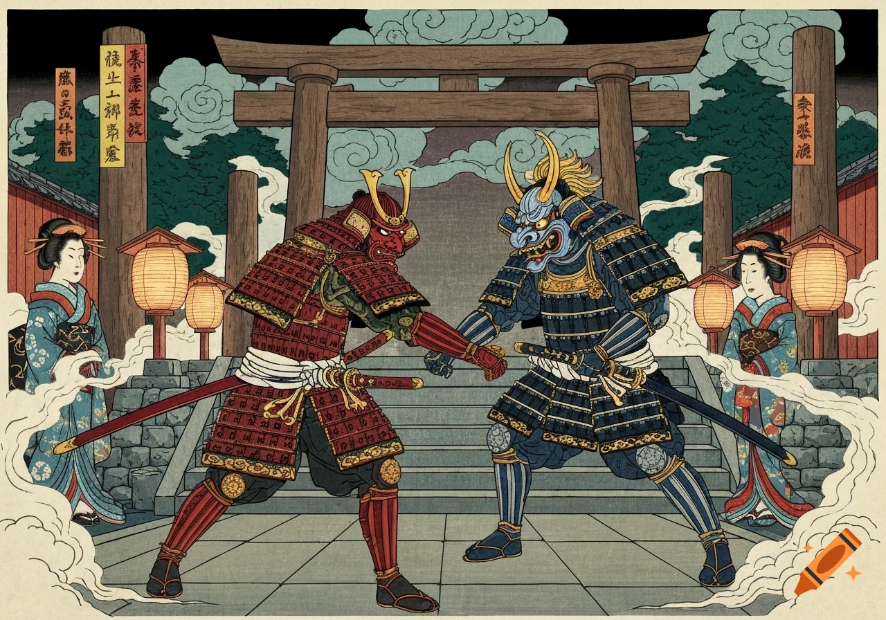 Ukiyo-e woodblock print of two armored samurai, one with an oni mask, in a dramatic standoff at a temple with torii gates and lanterns, watched by two geisha.