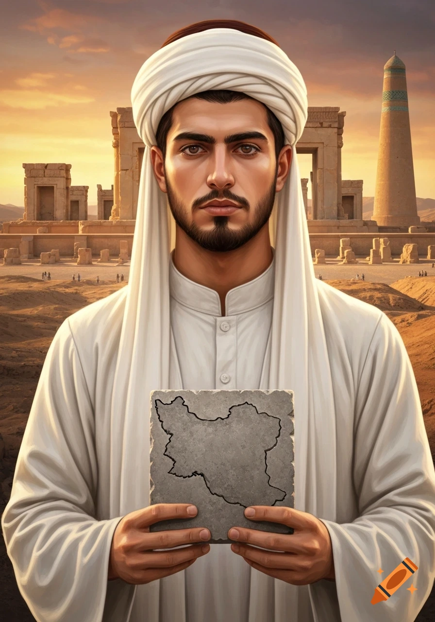Realistic portrait of a young Persian man in white dervish outfit holding a stone tablet shaped like Iran, set against ancient ruins at golden hour.