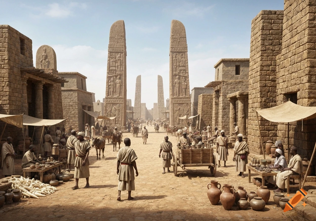 A photorealistic depiction of daily life in Aksum, 4th century CE. People and carts move along wide streets lined with stone buildings and towering carved stelae under a clear sky.