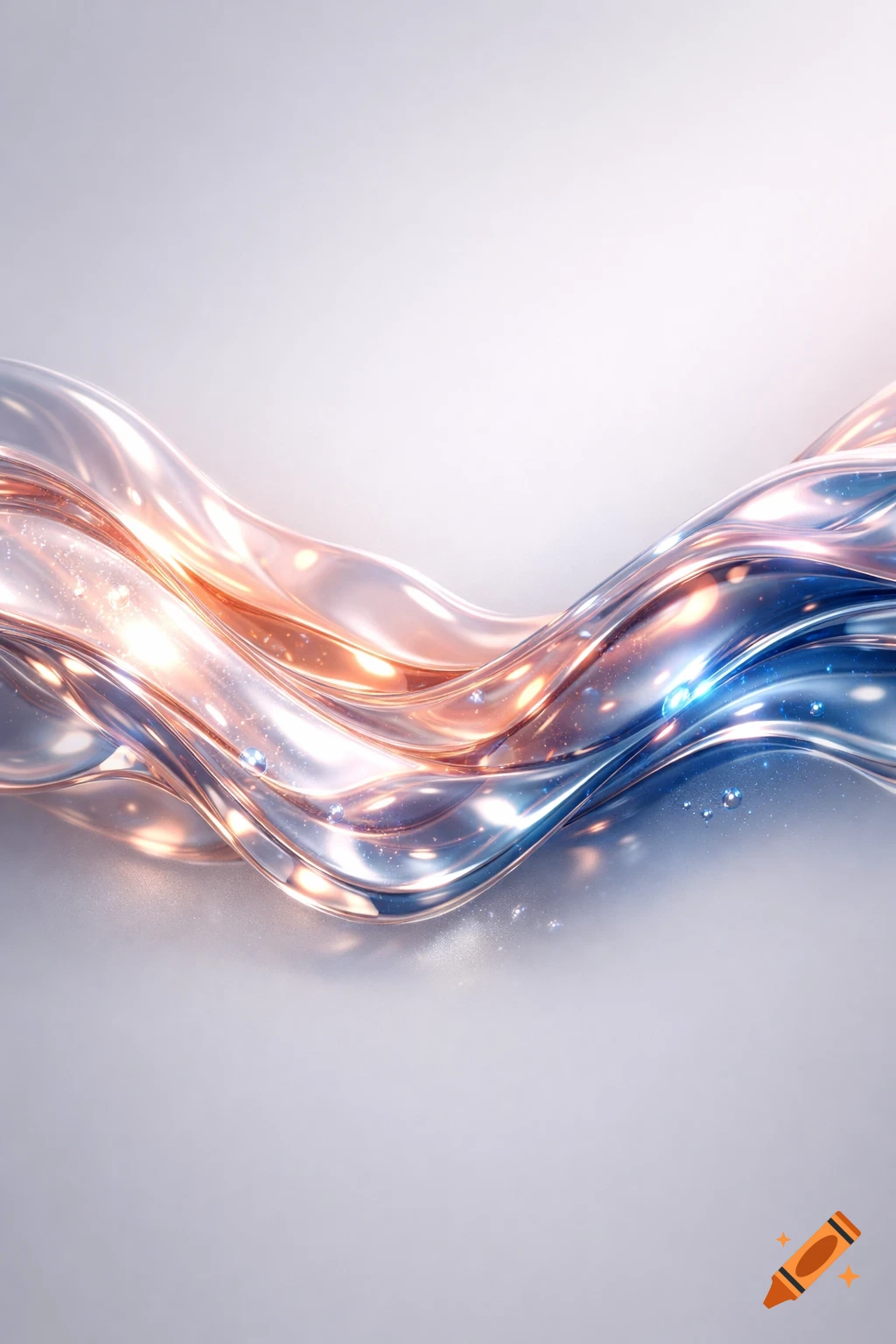 Wavy abstract pattern of shiny metallic and translucent ribbons reflecting orange and blue light on a light gray background.