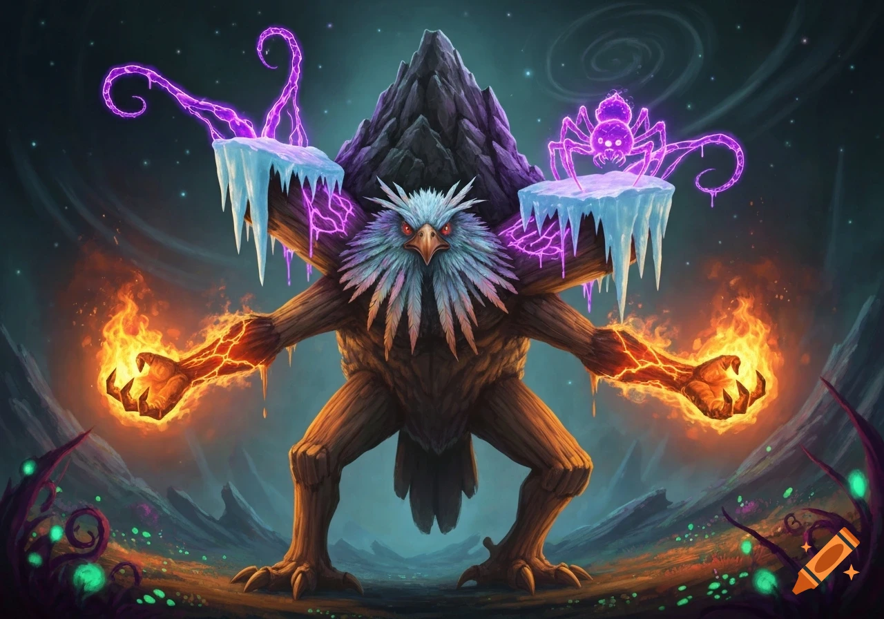 A fantasy monster with a bird head, wooden body, fiery hands, a rock mountain on its back, and icicle shoulders with purple plasma and a glowing spider.