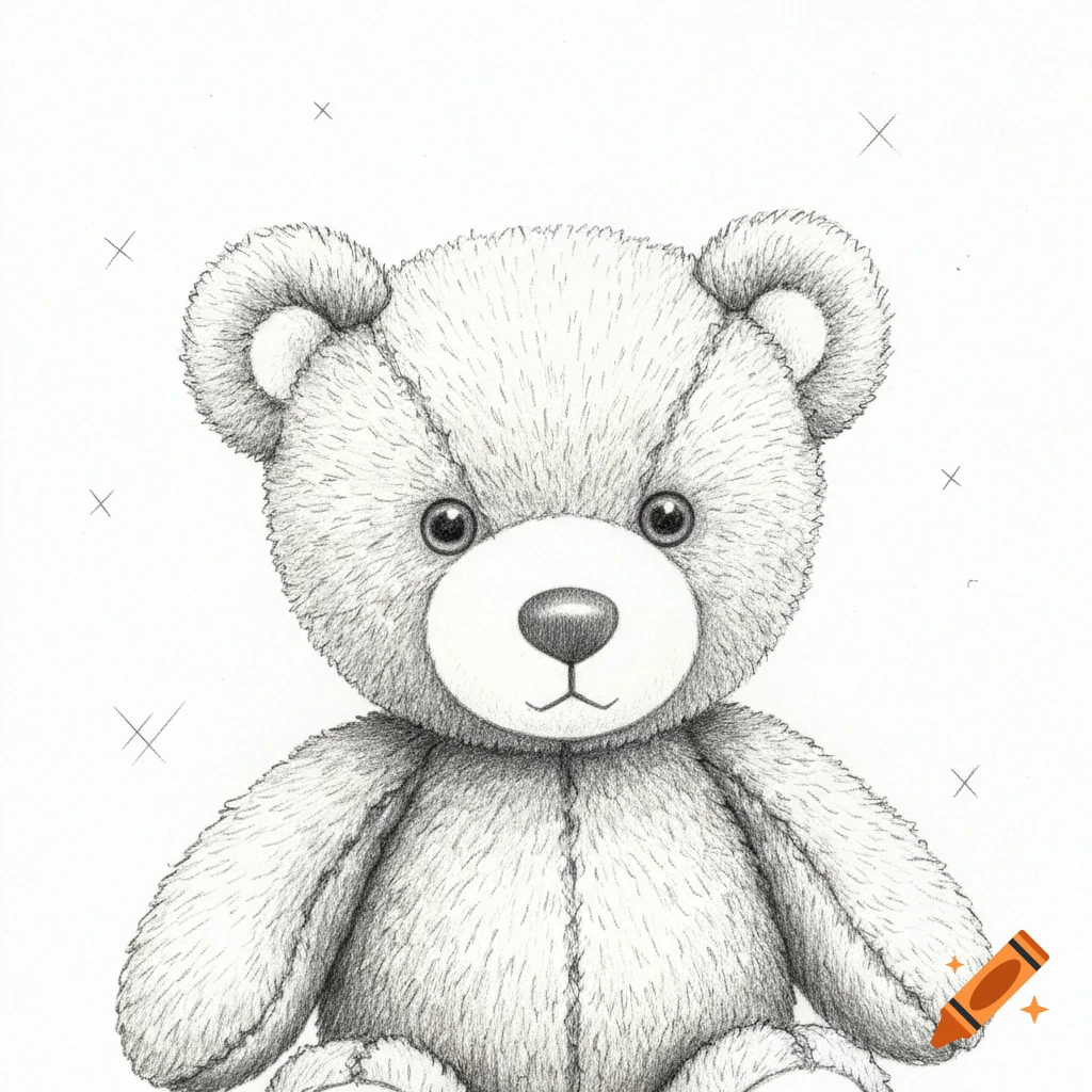 A charming black and white pencil illustration of a fluffy teddy bear with large eyes and a friendly expression.