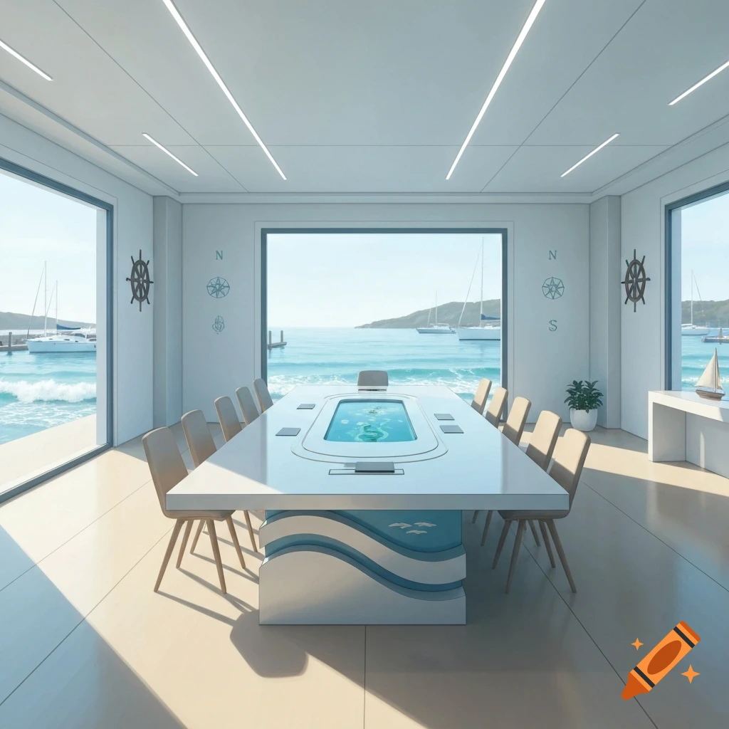 A modern meeting room overlooks a sunny harbor with yachts, featuring a large white conference table with a central water theme.