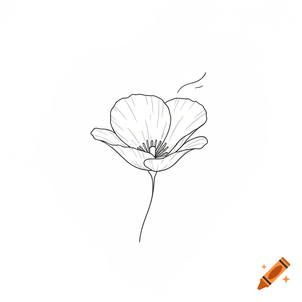 A minimalist black and white line drawing of a California poppy flower with a stem.