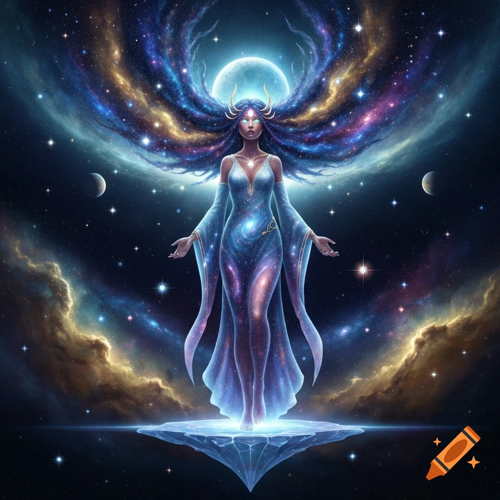 A celestial woman with long cosmic hair and a flowing gown resembling a galaxy stands on an icy platform in deep space amidst stars and nebulae.