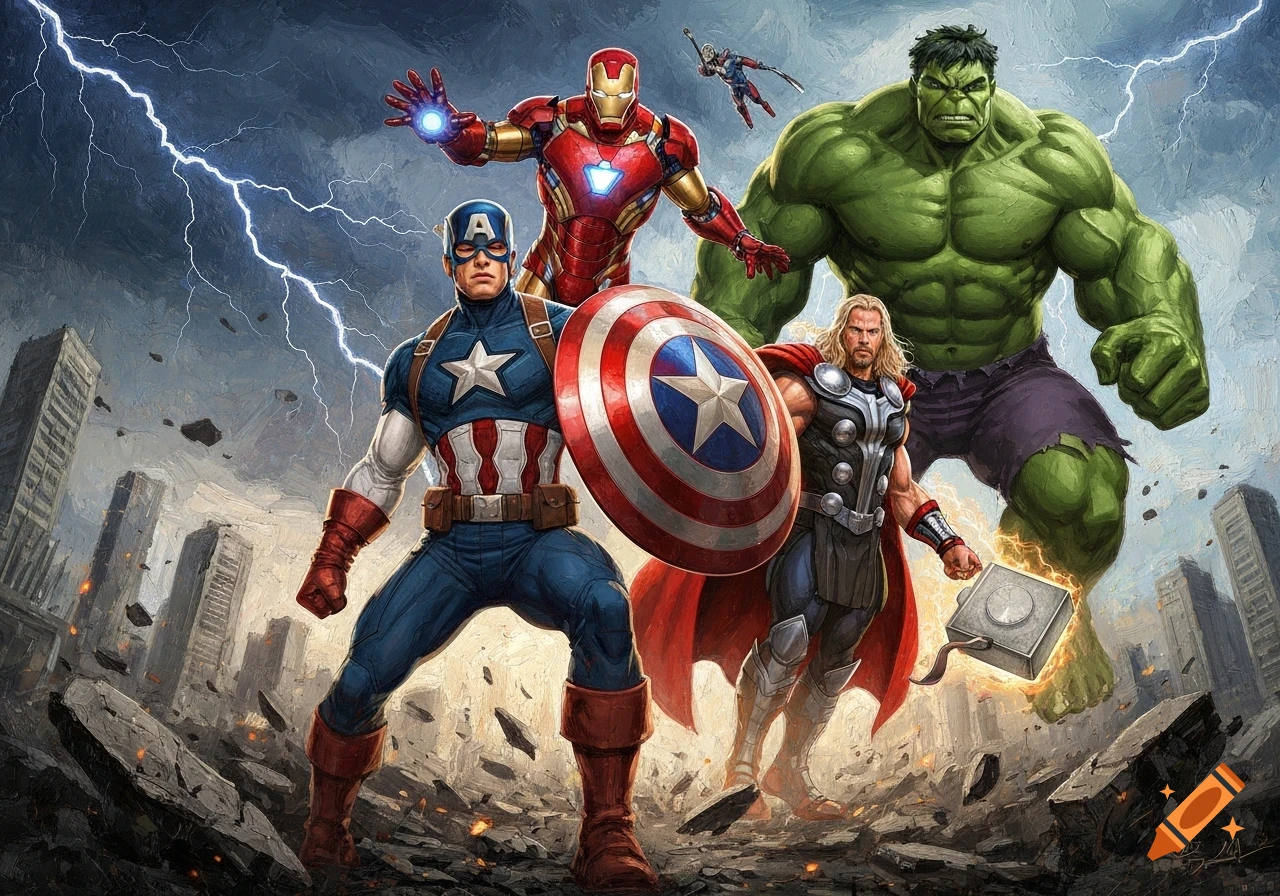 Captain America, Iron Man, Hulk, Thor, and Ant-Man stand heroically amidst a destroyed city under lightning, in a dynamic painted style.