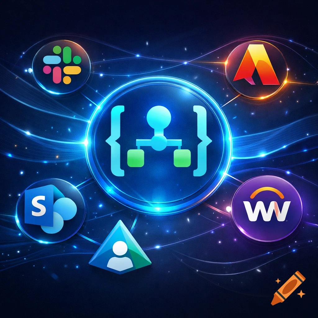 Glowing tech logos for Slack, Azure Logic Apps, SharePoint, Atlassian, Workday, and EntraID on a dark blue background with light trails.