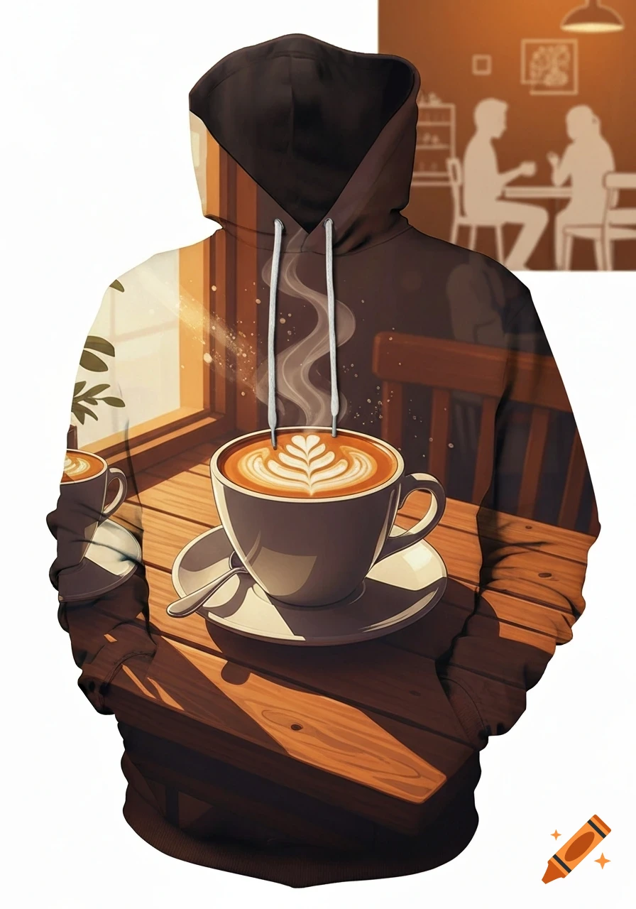Brown hoodie with a full-print design of a steaming latte on a wooden cafe table, bathed in sunlight.