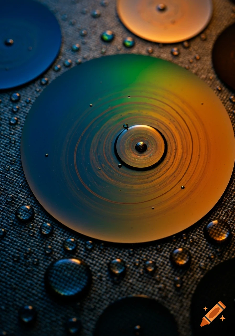 Close-up of iridescent oil and water droplets creating colorful circular patterns on a dark, textured surface.