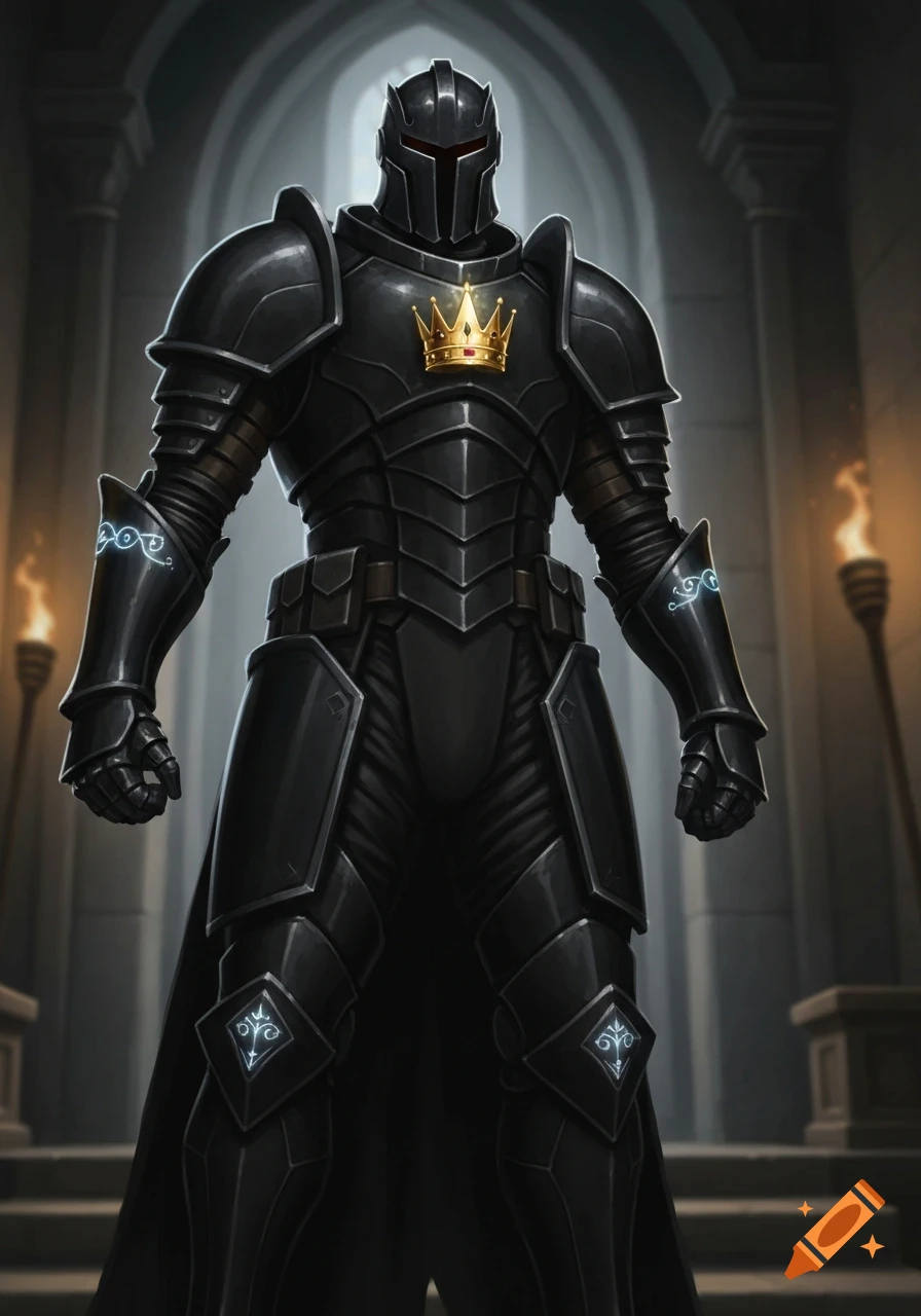 A dark knight in pitch black armor with a golden crown on the chest stands in a dim castle hall.