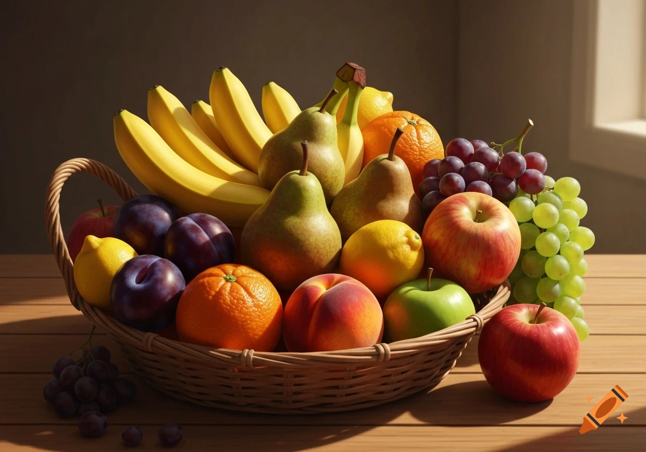 A photorealistic image of a wicker basket filled with bananas, pears, oranges, lemons, plums, peaches, apples, and grapes on a wooden table.
