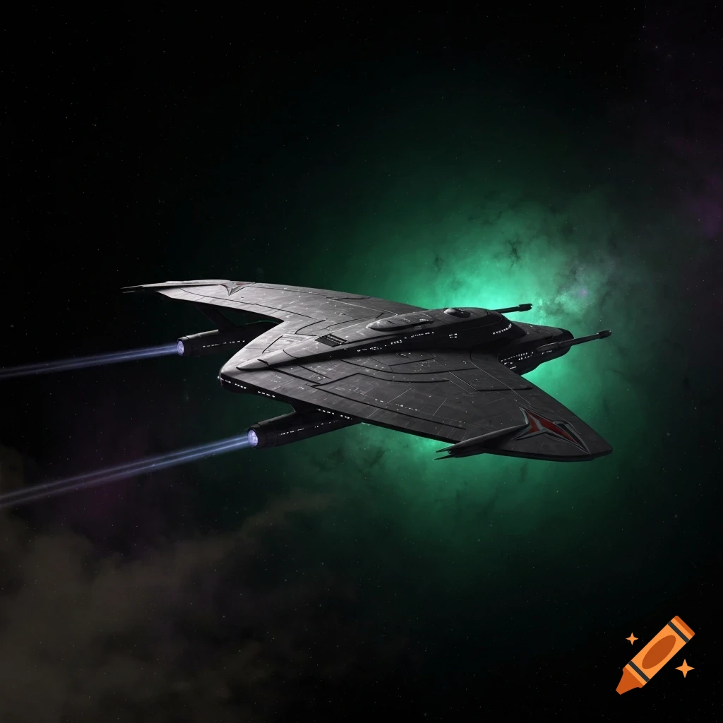 A sleek, dark grey Romulan Bird of Prey spaceship with glowing blue thrusters flies through a green and purple nebula in space.