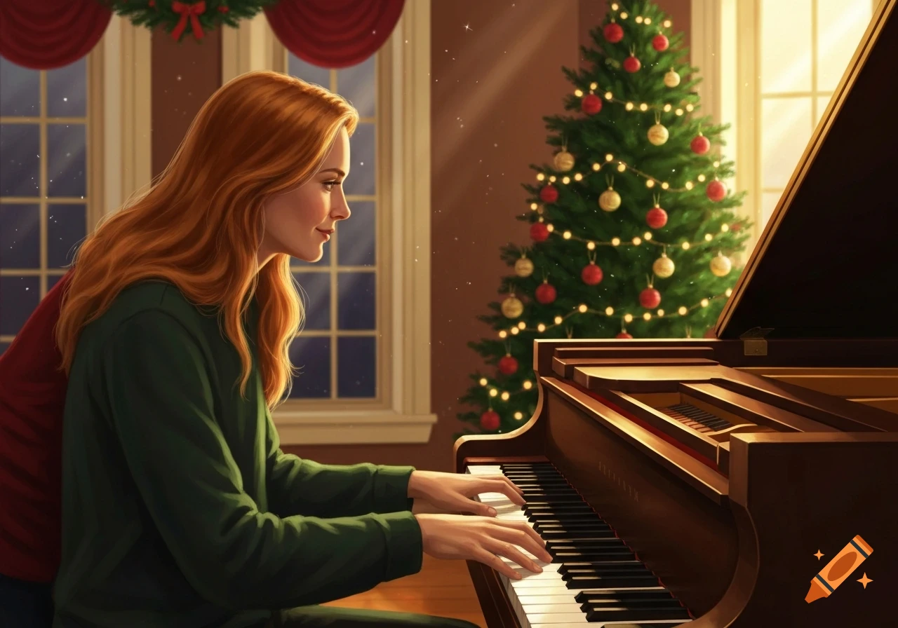 A woman with long reddish-blonde hair plays a grand piano in a festive room decorated with a lighted Christmas tree and wreaths.