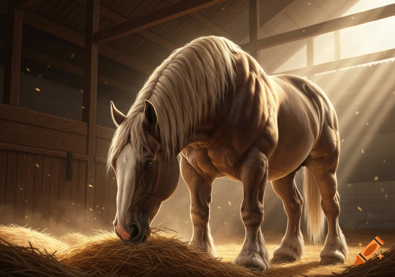 A muscular horse with a light mane eats hay in a sunlit barn.