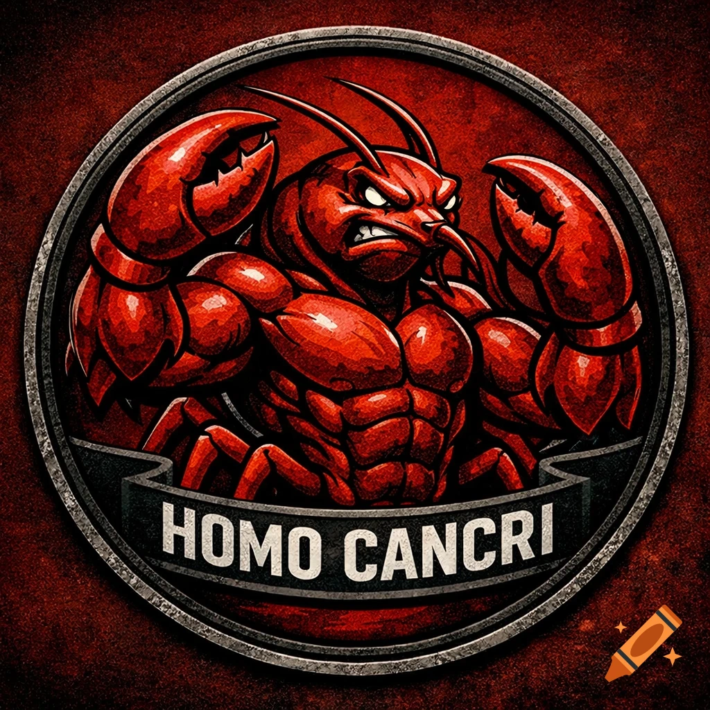 A muscular, angry red crayfish with large claws flexes within a circular emblem, featuring a banner reading "HOMO CANCRI" at the bottom.